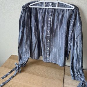 Blue and white striped off the shoulder button down with wrist detail